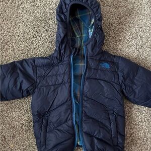 The North Face Kids Navy Hooded Puffer with Blue Lining